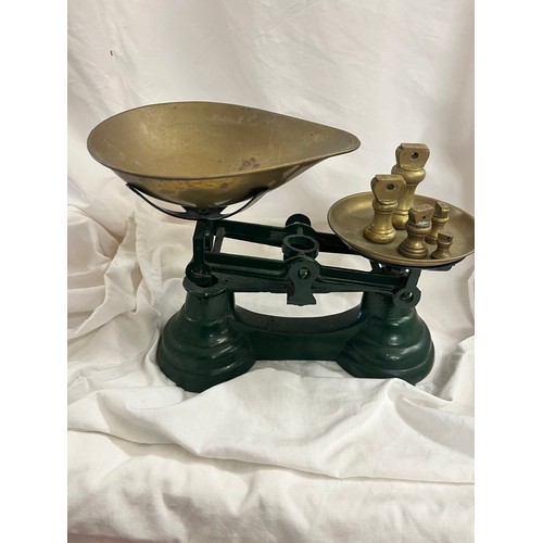 153 - CAST IRON & BRASS SCALES WITH 5 BRASS BELL WEIGHTS