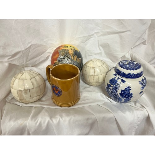 167 - 5 ITEMS INCL BLUE & WHITE GINGER JAR & OSTRICH 'EGG'