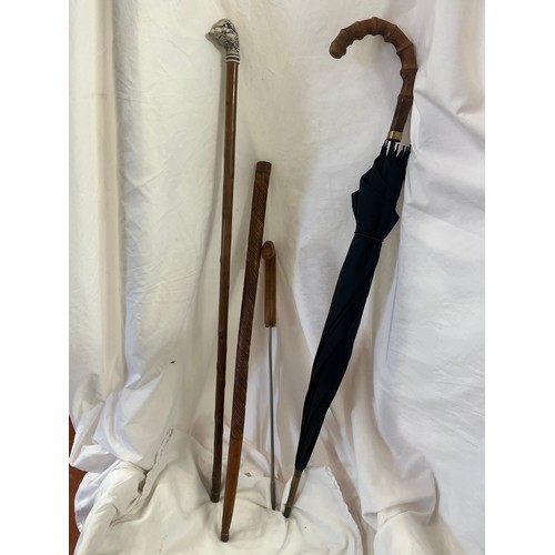 170 - 2 WALKING STICKS, SWORD STICK &UMBRELLA WITH ROLLED GOLD BAND