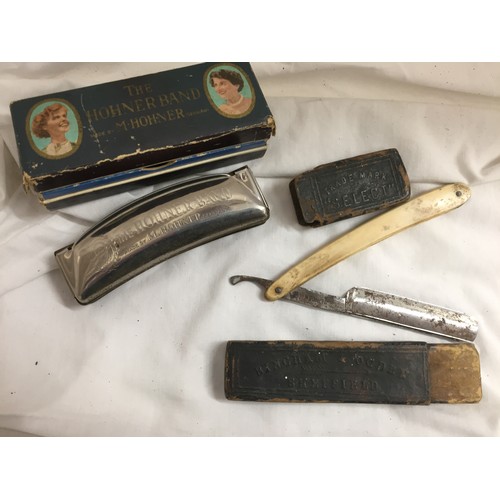 187 - VINTAGE CASED HOHNER 'THE HOHNER BAND' HARMONICA & BINGHAM OGDEN CUT THROAT