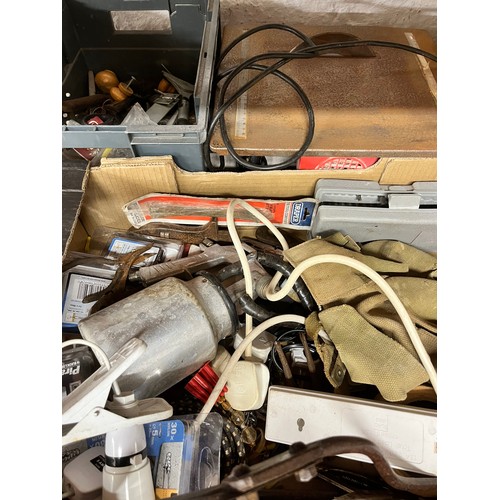 132 - 2 BOXES OF TOOLS & GARAGE ITEMS & TILE CUTTER (A/F)