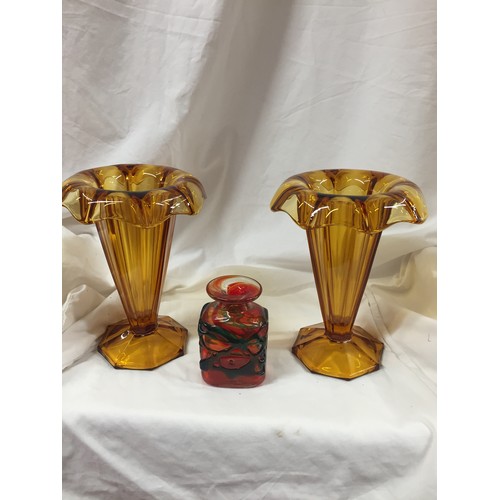 186 - PAIR OF AMBER GLASS VASES & 1 OTHER VASE