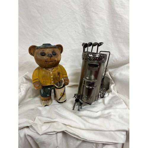 218 - WOODEN 'GOLF' TEDDY & 'GOLF' WINE HOLDER