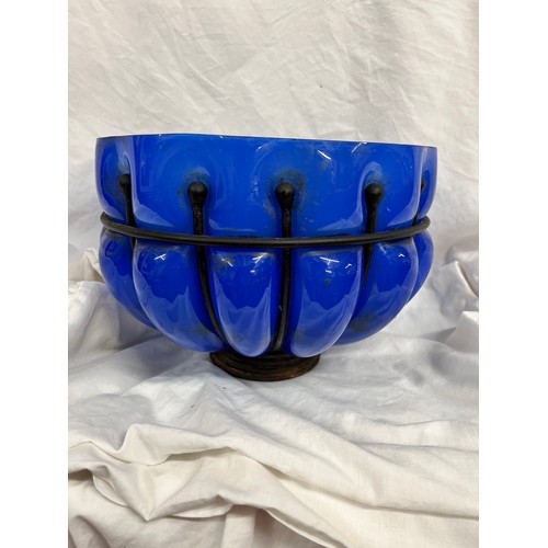 221 - BLUE GLASS BOWL IN METAL HOLDER