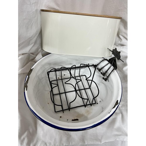 14 - METAL BREAD BIN WITH WOODEN LID, ENAMEL BOWL,  WIRE BOTTLE HOLDER & A SMALL METAL CAT FIGURE