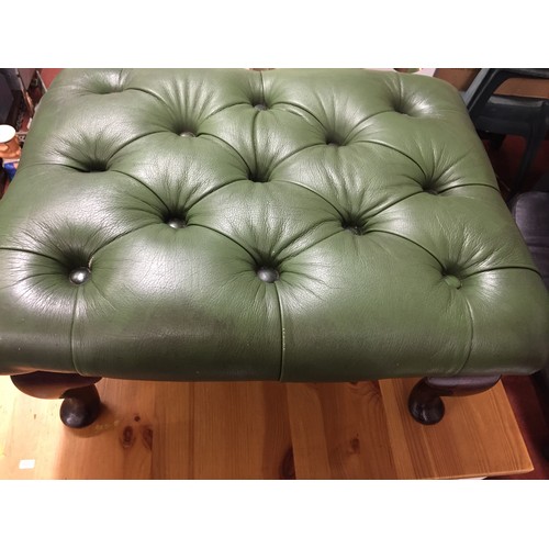 21A - GREEN LEATHER QUEEN ANNE LEG CHESTERFIELD FOOT STOOL