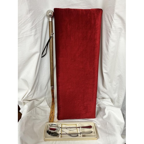 91 - WHITE METAL 'GOLF BALL' LONG HANDLE SHOE HORN, BOXED STAINLESS STEEL SALAD SERVERS & OBLONG RED VELV... 