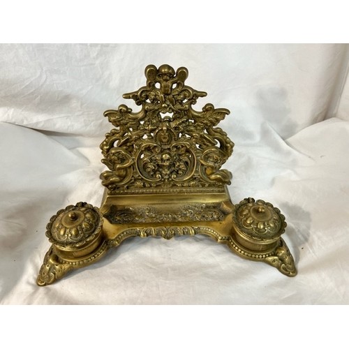 209 - LARGE ORNATE BRASS LETTER RACK INK WELL