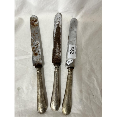 296 - 3 SOLID SILVER HANDLED KNIVES