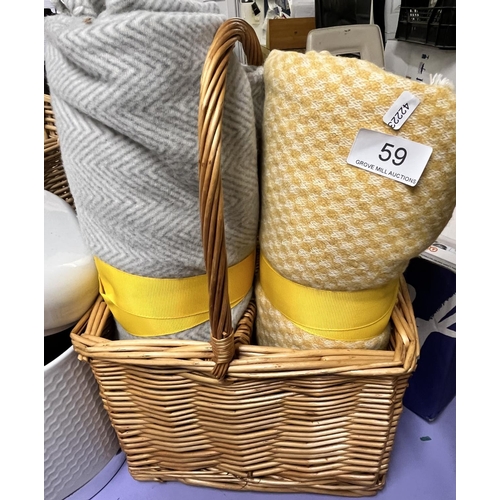 59 - WICKER DOUBLE BOTTLE BASKET & 2 THROWS