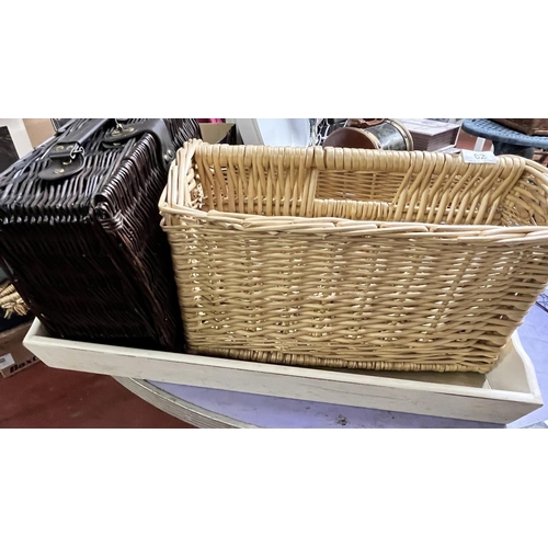 62 - WOODEN TRAY, MAGAZINE RACK & WICKER HAMPER