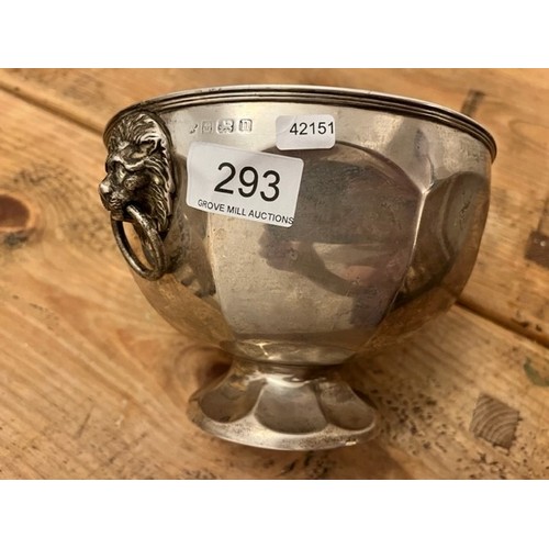 293 - 1912 BIRMINGHAM SILVER FOOTED BOWL WITH LION HEAD RING HANDLES(563grms)