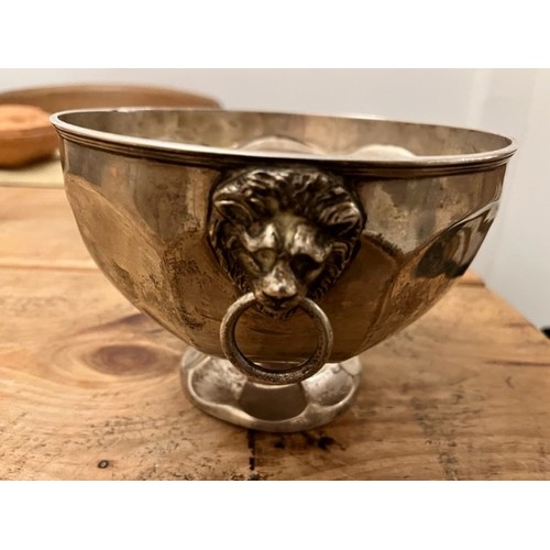 293 - 1912 BIRMINGHAM SILVER FOOTED BOWL WITH LION HEAD RING HANDLES(563grms)