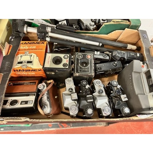 57 - BOX OF VINTAGE CAMERAS & ACCESSORIES