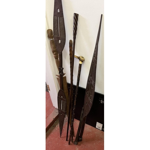 12 - 6 CARVED WOOD ETHNIC WALKING STICKS & 'SPEARS'