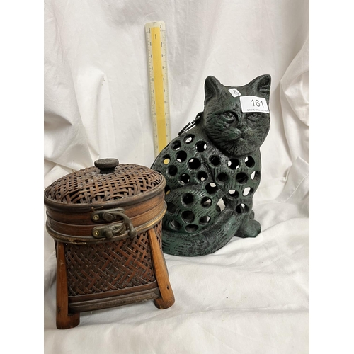 161 - METAL CAT CANDLE LANTERN & A CHINESE LOTUS CAGE