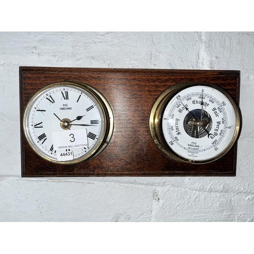 3 - QUARTZ WALL HANGING FCC ENGLAND CLOCK & BAROMETER ON WOODEN MOUNT