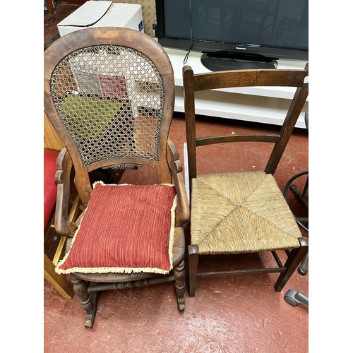 33 - BERGERE BACK & SEAT ROCKING CHAIR & A RUSH SEATED CHAIR