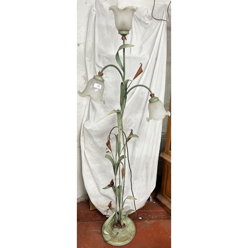 35 - METAL 'LILY & FOLIAGE' STANDARD LAMP WITH FROSTED GLASS SHADES