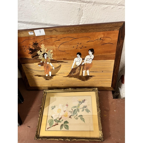 7 - FRAMED VICTORIAN PAINTING & A PARQUETRY STYLE ASIAN DEPICTION