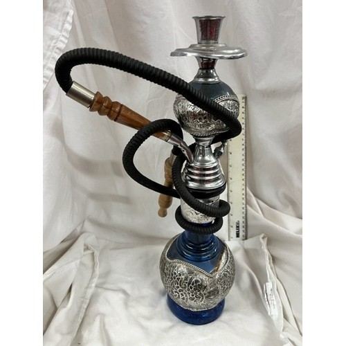 157 - BLUE GLASS & METAL HOOKAH PIPE