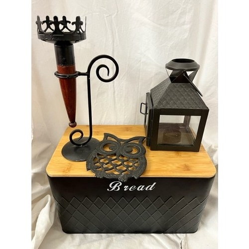 232 - METAL CANDLE LANTERN, CANDLE HOLDER 'OWL' TRIVET & BAMBOO LID BREAD BIN