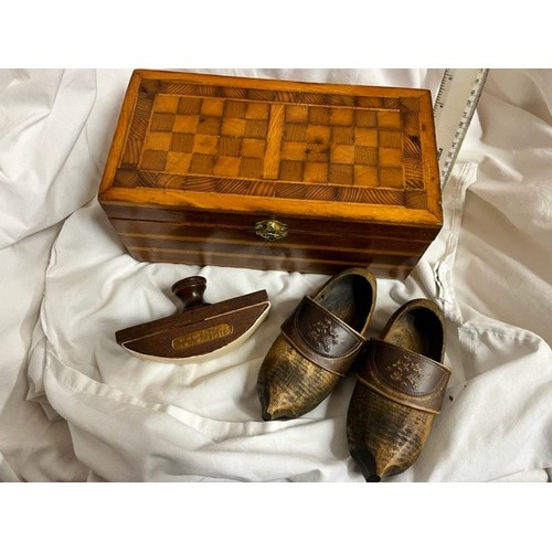 237 - INLAID JEWELLERY BOX, PAIR OF WOODEN CLOGS & 'HMS WARSPITE' BLOTTER