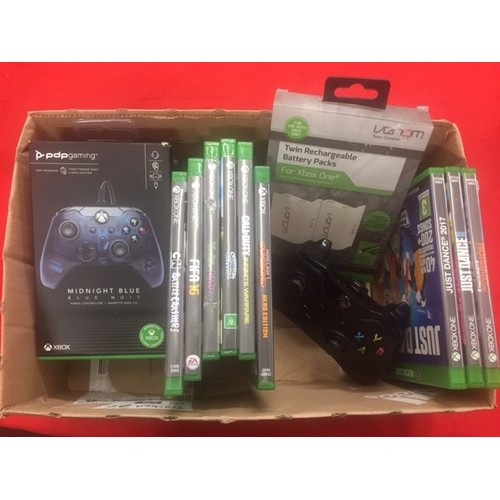 268 - BOX INCL XBOX ONE GAMES, CONTROLLERS & BOXED BATTERY PACK(A/F)