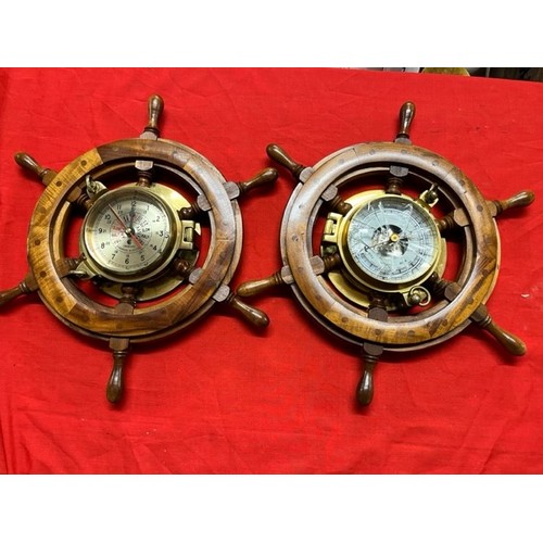 12 - SHIP'S WHEEL & BRASS PORTHOLE CLOCK(GWO) & MATCHING BAROMETER(DAMAGED GLASS)