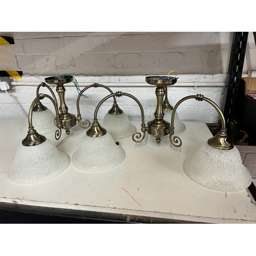 63 - 2 3 ARM METAL CENTRE LIGHT FITTINGS WITH FROSTED GLASS SHADES(GWO)