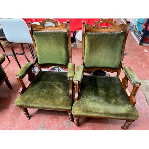 21 - PAIR OF VINTAGE GREEN UPHOLSTERED ARM CHAIRS