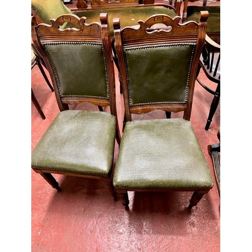 27 - PAIR OF VINTAGE CARVED BACK & GREEN LEATHER SEATED HALL CHAIRS