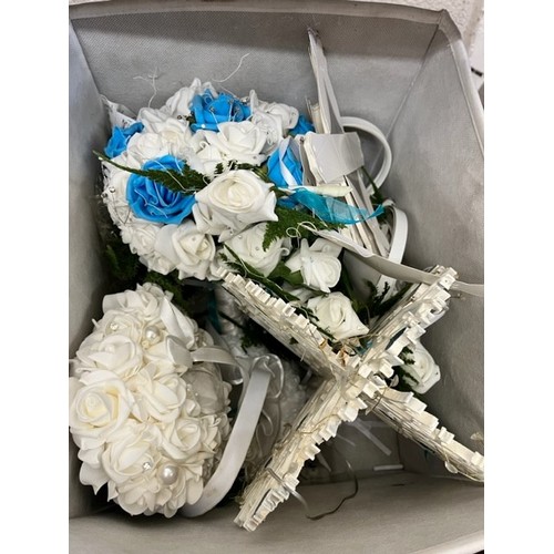 42 - BOX OF WEDDING ACCESSORIES INCL BOUQUET