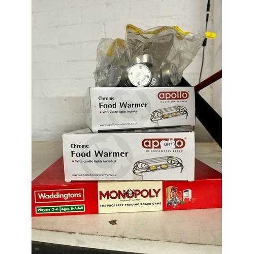 49 - 2 BOXED APOLLO FOOD WARMERS, BAG OF TEALIGHTS & MONOPOLY