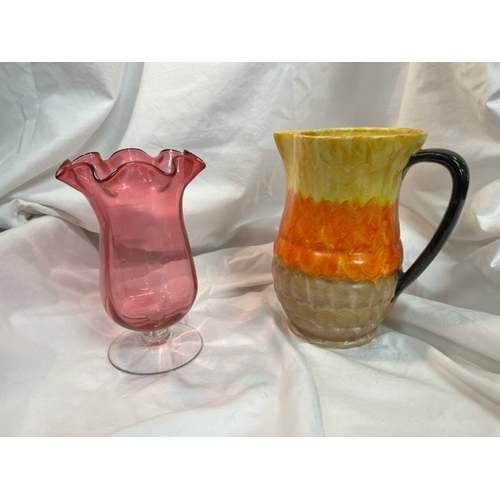 146 - EMPIRE POTTERY JUG & CRANBERRY GLASS FOOTED VASE