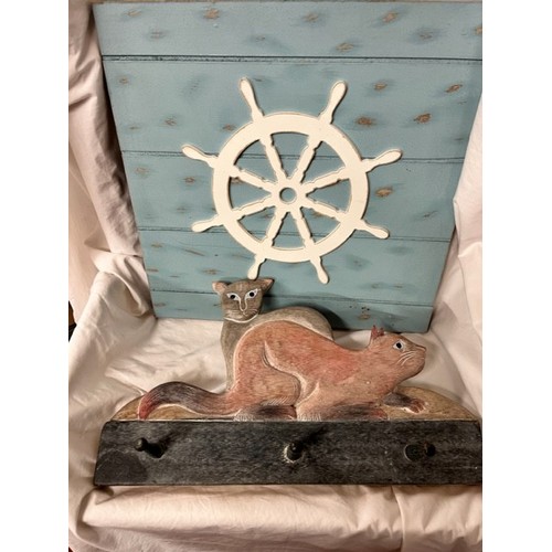 24 - WOODEN 'SHIPS WHEEL' WALL HANGING & 'CAT' COAT HOOKS