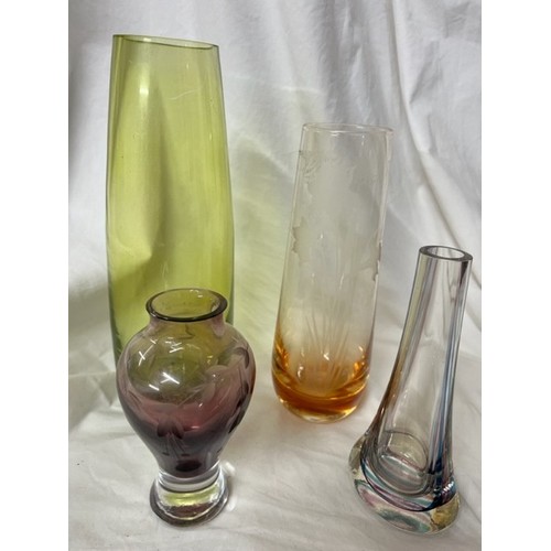 153 - 4 COLOURED GLASS VASES INCL ETCHED