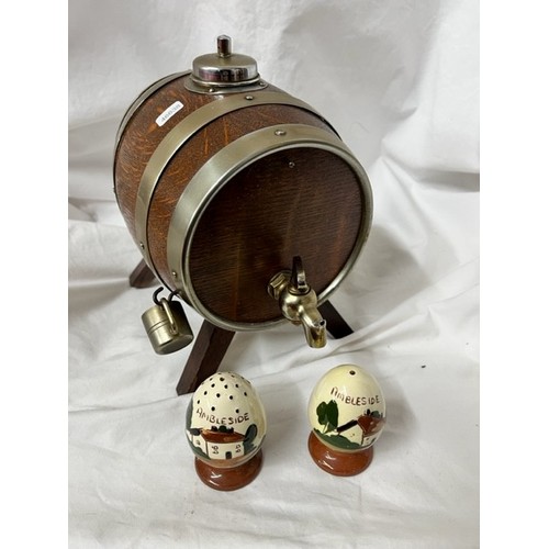 157 - BRASS BANDED DISPENSER BARREL WITH TAP & PAIR OF SALT & PEPPER SHAKERS