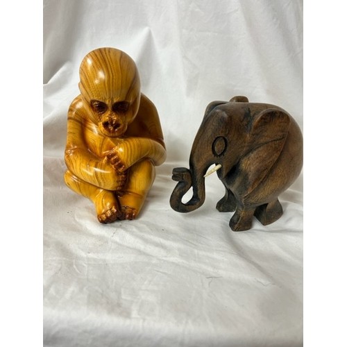 159 - CARVED WOOD ELEPHANT & MONKEY FIGURES