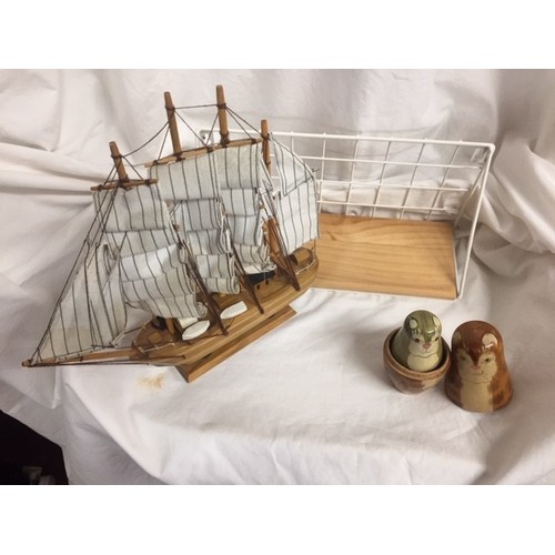 233 - SMALL METAL & WOOD SHELF, ORNAMENTAL SAILING SHIP & 'CAT' RUSSIAN DOLL'S