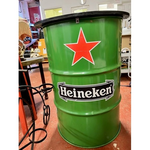 27 - METAL HALF BARREL WOOD TOP 'HEINEKEN' WALL BAR/TABLE