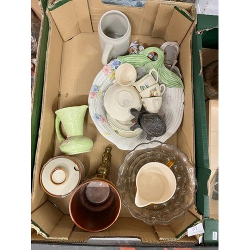 51 - BOX OF POTTERY & GLASS INCL CERAMIC DOLL'S TEA CUPS