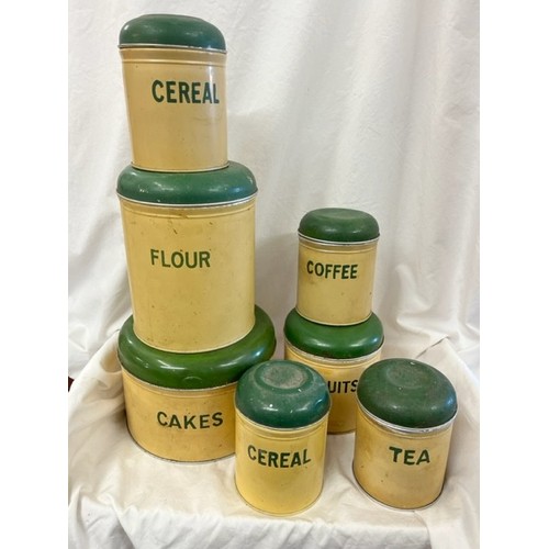 242 - 7 VINTAGE METAL LABELLED KITCHEN CANISTERS (RESERVED AT £22)