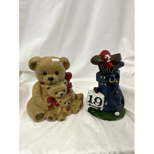 245 - CAST IRON 'TEDDY BEAR' & 'GOLF BAG' DOOR STOPS