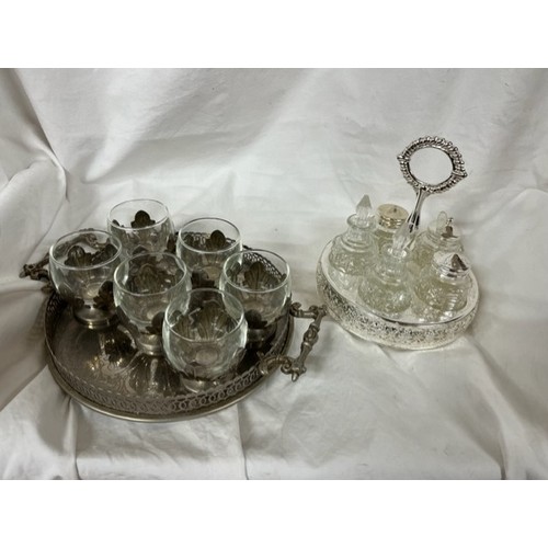 251 - 5 PIECE CONDIMENT SET ON PLATED STAND & 6 GLASSES IN PLATED STANDS ON PLATED TRAY