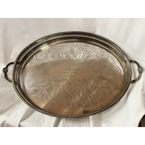 254 - SILVER PLATED GALLERIED TRAY - ENGRAVED P G AINSWORTH CAPTAIN SHAW HILL GOLF COURSE 1973 FROM ALL TH... 