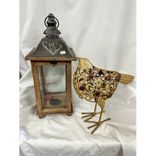 265 - METAL LANTERN & A METAL 'CHICKEN' FIGURE