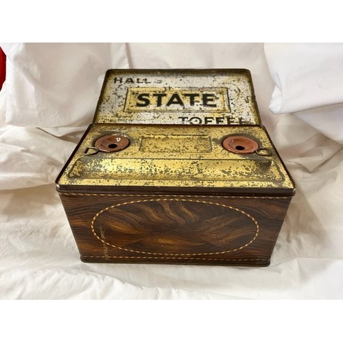 260 - ANTIQUE 1920'S ART DECO HALLS STATE TOFFEE TIN STATIONERY BOX WITH INK WELLS