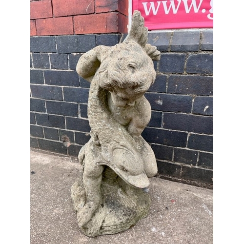 2 - LARGE REPRO STONE WARE 'BOY & CARP' GARDEN ORNAMENT