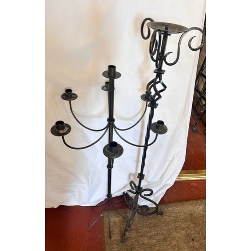 27 - TALL WROUGHT IRON CANDLE STAND & SEVEN ARM CANDLEABRA